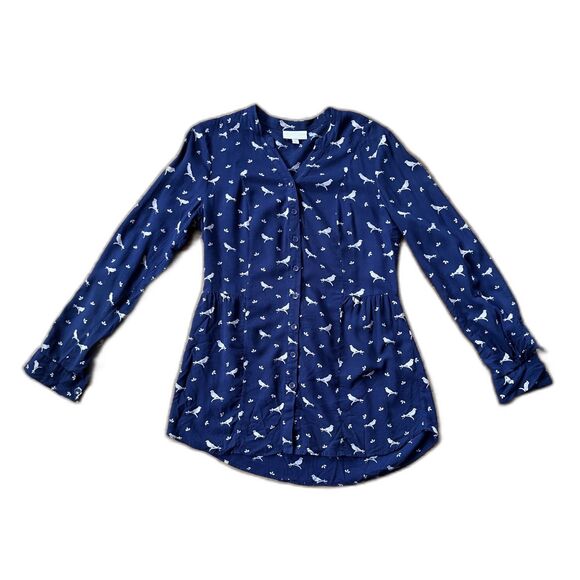 Modcloth Blue White Bird Button Up Shirt Top Blouse  Women's Size Small - Picture 3 of 11